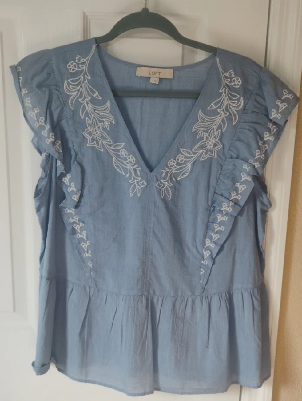 LOFT embroidered chambray flutter sleeve peplum top - Picture 1 of 5